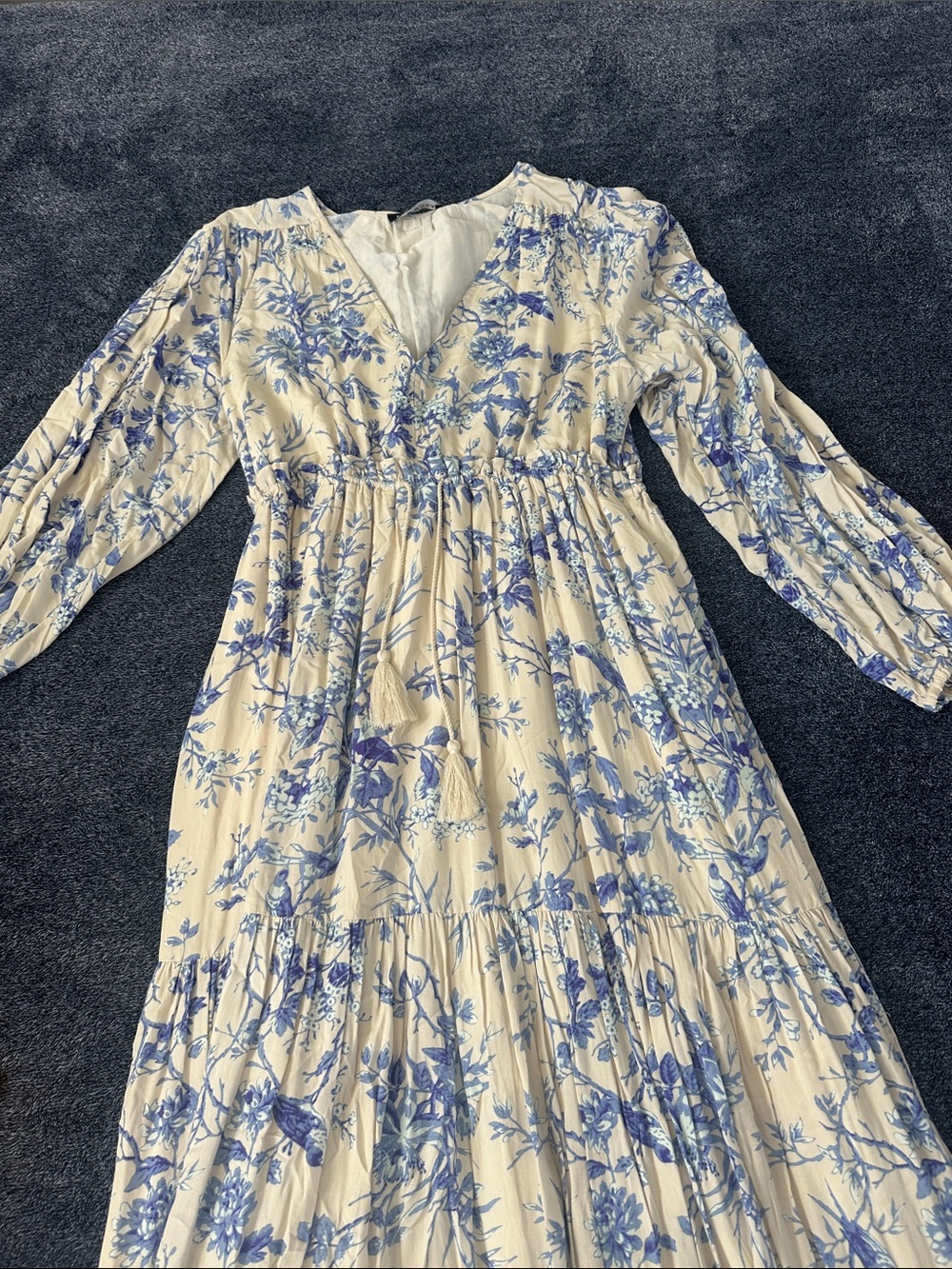 Cream Maxi Dress with Blue Floral Print - Unbranded